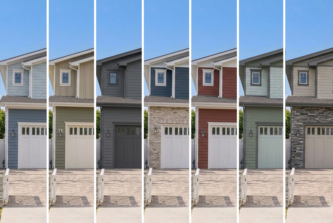 Multiple siding and exterior material options compared on the same American home