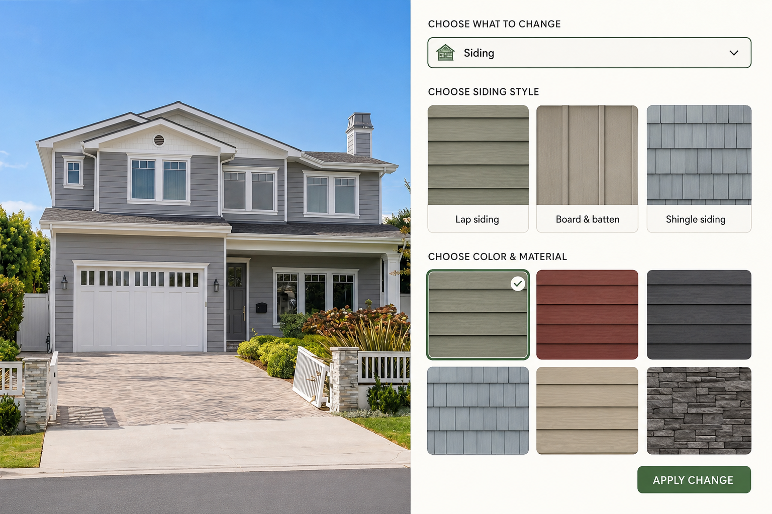 Exterior visualizer interface for choosing siding styles, colors and materials